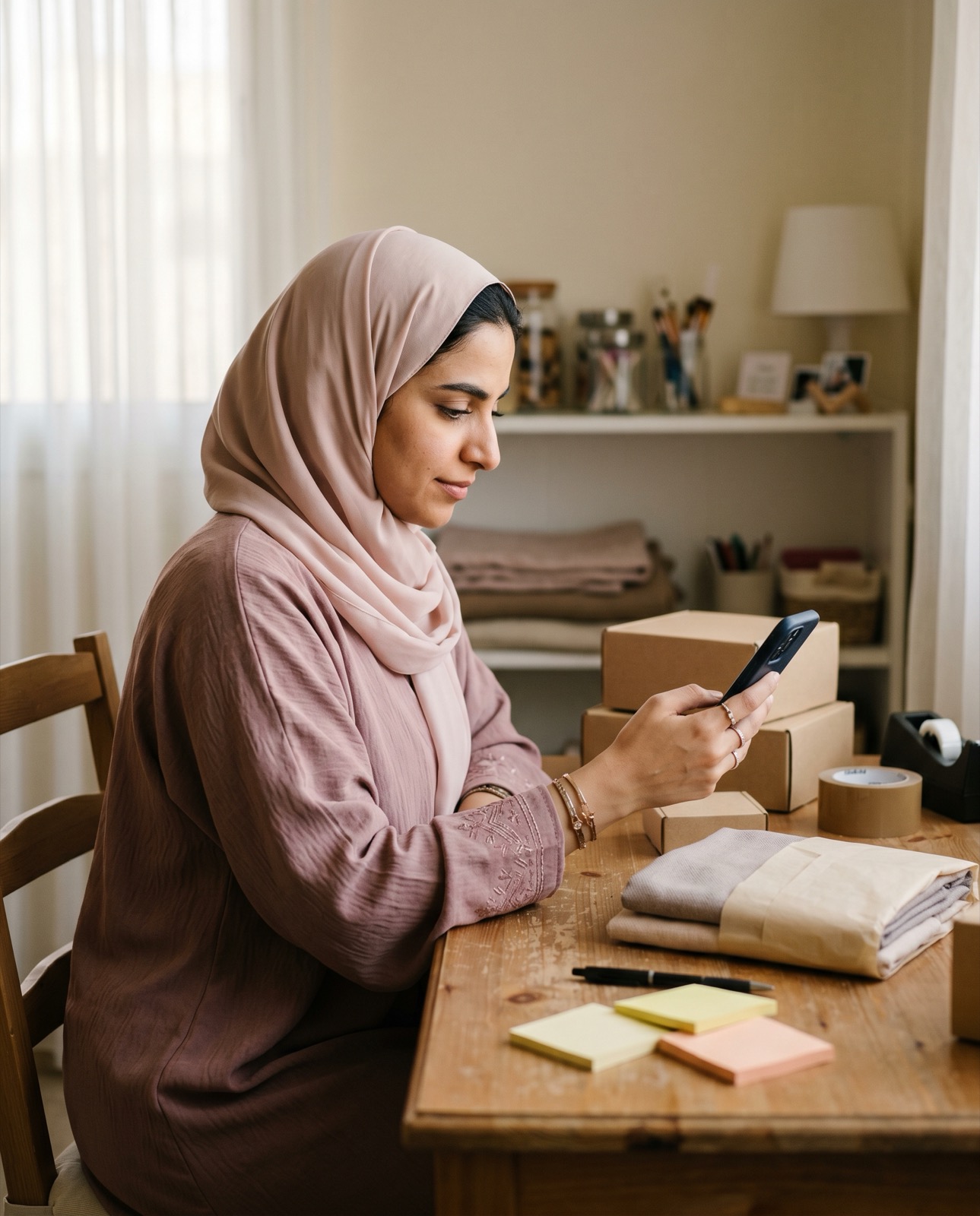 Home-based seller managing orders from her home workspace